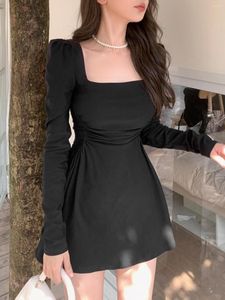 Casual Dresses French Square Collar Retro Black Dress Fancy Fashion Elegant High Waist Slimming All-Matching Slim-Fit Short A- Line Skirt