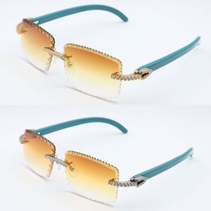 Luxuriöse, mit Moissanit-Diamanten besetzte, randlose blaue Holzsonnenbrille 8200757 Herren-Big-Stones-Diamant-Original-Holzbrille Blaue Damen-Designer-Linse mit Diamantschliff