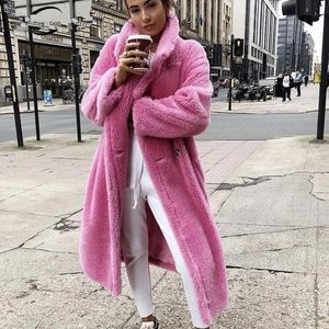 Women's Fur Faux Fur DISCVRY Pink Long Teddy Bear Jacket Coat Women Winter Thick Warm Oversized Chunky Outerwear Women Faux Lambswool Fur Coats 231205