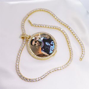 Round Po Custom Made Po Medallions Pendant Picture Necklace & Tennis Chain Gold Color Cubic Zircon Men's Hip Hop Jewelr213B