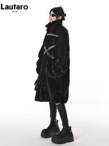 Kvinnors päls faux päls lautaro-manteau en fausse fourrure hour femme veste moelleuse col montant stil punk noir flou cool long contracte 231205