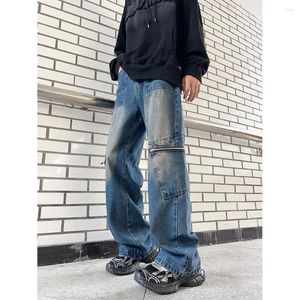 Jeans da uomo Pantaloni cargo hip-hop oversize da uomo High Street Baggy Pantaloni da uomo vintage con cerniera tascabile Pantaloni da uomo in denim sbiancato con gamba larga lavata