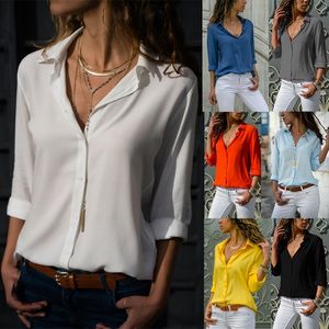 Kadınlar Sarı Şifon Blonu Seksi Sonbahar Uzun Kollu Düğme Asimetrik Gömlek Kadın İş Giyim Gömlek Bluz Büyük Boy