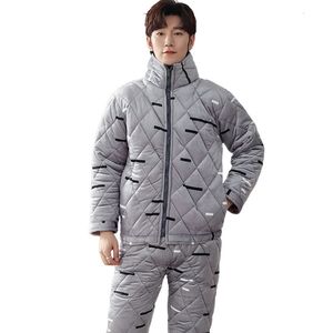 Pijamas masculinos com zíper acolchoado pijama padrões geométricos conjuntos de pijama quente homesuit flanela acolchoada 2 peças manga comprida roupa de noite de inverno 231206