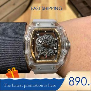 자동 기계식 Richr Mileres Mens Watch Wine Barrel Leisure RM055 완전 크리스탈 케이스 화이트 접착제 밴드 남성 스위스 운동 손목 시계