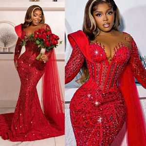 Rote Aso Ebi-Abendkleider, Illusion, Meerjungfrau, Spitze, Perlen, lange Ärmel, Ballkleid mit Wickel, Geburtstagsparty-Kleider für schwarze Mädchen, Galakleid für den zweiten Empfang ST603