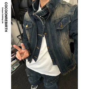 Men's Jackets Fake Two Design Retro Denim Jacket Men Woman Short Zipper Single Breasted Cowboy Coats Blue Washed Stand Collar Unisex Outwear 231206