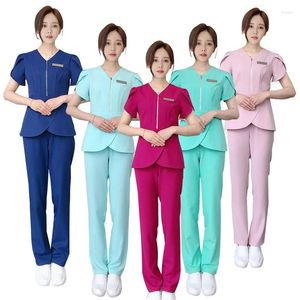 Calças femininas de duas peças, uniforme de trabalho de salão de beleza para mulheres, gola v, spa, roupa de trabalho, uniformes femininos, conjuntos de cores sólidas