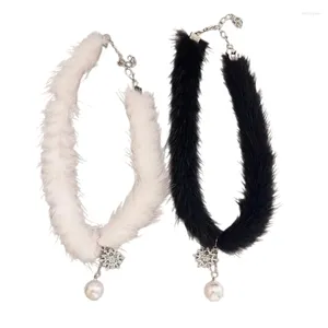 Anhänger Halsketten E0BF Weihnachten Schneeflocke Perle Halskette Für Frauen Mädchen Nerz Haar Plüsch Halsband Weibliche Temperament Schlüsselbein Kette