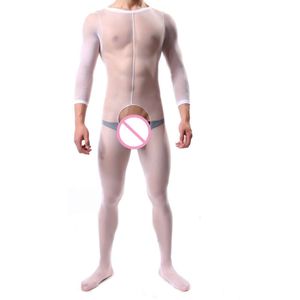 Bodystocking da uomo bianco Nuovo pigiama erotico Lingerie sexy con apertura sul cavallo Body collant a maniche lunghe intimo