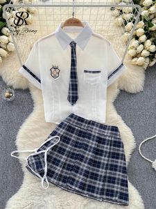 Work Dresses SINGREINY Preppy Style Sheer Sexy Suits Women Porn Top Plaid Mini Skirt Thongs Fashion Korean Cosplay Erotic Three Pieces Sets