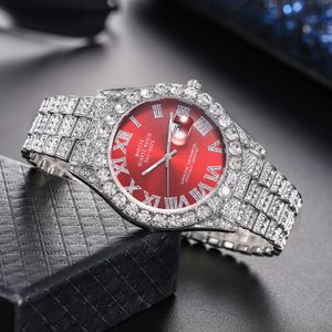 Relógio masculino com calendário de strass cheio de diamantes em escala romana com pulseira de liga de aço
