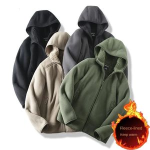 Erkek Hoodies Sweatshirts Kalın 700g Polar Düzleşmiş Kış Kapüşonlu Ceket Erkekler için Polar Polar ve Pamuk Dolgu Adam Giyim Black 231205 ile açık havada sıcak tutun