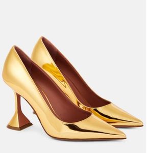 Famous Amina muaddi Women Ami Mirrored Leather Pumps sandals Dress Shoes Satin pointed slingbacks Bowtie pumps Crystal-sunflower high heeled Party Wedding Shoes