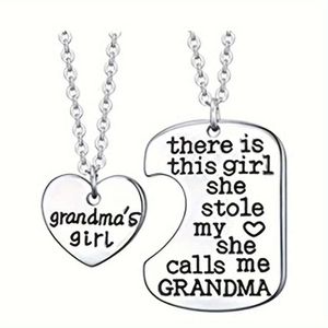 Stainless Steel 2pcs Retro English Letter Matching Heart Pendant Necklace, Gift Between Granddaughter and Grandma Grma