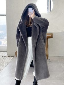 Women's Fur Faux Fur Winter Teddy Bear Coat Female Double Face Fur Clothing Medium Long Lamb Fur Overcoat with Hood Warm Fashion 231206