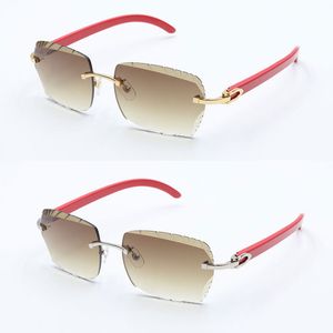 Designer Rimless Diamond cut Lens Sunglasses 8200758 Lentes de Sol Mujer Original Red Wood glasses Male and Female metal frame Square Lens Red Wooden Eyewear New