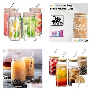 Tassen US CA Lager 16 Unzen Sublimationsglas Bier mit Bambusdeckel St. Tumblers DIY-Rohlinge Frosted Clear Can Cups Wärmeübertragung Cocktail Drop Dhlbk