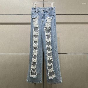 Pantaloni Jeans da donna 2023 Autunno Moda Coreana Strass Mesh Patchwork Cotone Scava Fuori Disegno Strappato Gamba Larga Y2k