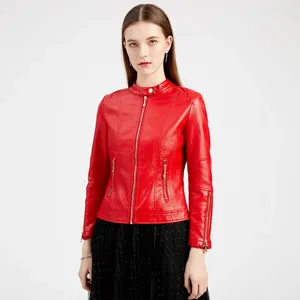 Women's Leather 2024 Ladies Fashion PU Jacket Short Stand Collar Clip Autumn Thin