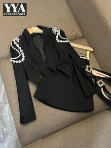 İki parçalı elbise moda bahar yaz partisi kadın takım elbise seti lady zarif elmas zincir kısa takım elbise ceket rhinestone yüksek bel etek iki parçalı set 231205