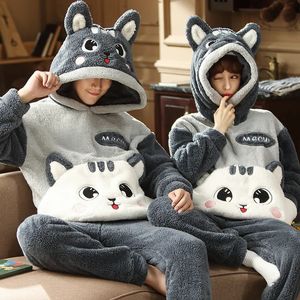 Kadınlar Robe Kış Çiftleri Pijama Setleri Kadın Erkek Pijama Hoodies Sweetwear Kalın Yumuşak Sıcak Karikatür Kedi Güzel Sevgililer Pijamas Suit 231206