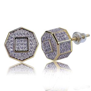 18k Gold Plated Hip Hop -rappare Iced Out CZ Cubic Zirconia Polygon Stud örhängen Full Diamond Earring Studs smycken gåvor till pojkar 3152