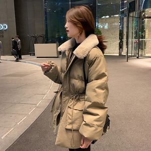 Winter-Koreaanse versie, loszittende trendy damesjas in Hong Kong-stijl, nieuwe middellange collectie, katoenen jack met tailleband, katoenen jack