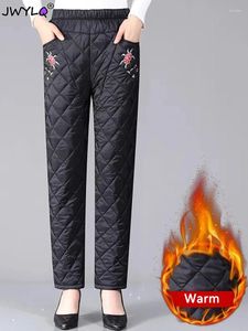 Pantaloni da donna ricamati spessi e caldi pantaloni dritti in cotone imbottito addensato elastico elegante a vita alta da donna Spodnies abbigliamento da neve antivento