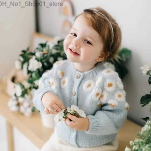 Cardigan 80-130cm Spring Fall Baby Sweater Kids Knit Sweater Baby Girl Winter Clothes Light Blue Solid Daisy Embroidered Children Sweater Q231206