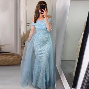 Elegant Sky Blue Mermaid Pearls Evening Dress for Women 2024 Long Sleeves with Detachable Train Formal Prom Party Gowns Arabic Dubai Robe De Soriee