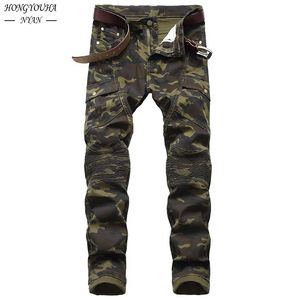 Calças de brim masculinas moda camuflagem militar masculino magro tendência hip hop reto exército verde bolso carga denim juventude marca calças 231206