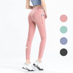 LL Women's Hip Lifting Fitness Yoga Pants Women's Brushed Nude High Waist Pocket Peach Hip Sports Tights