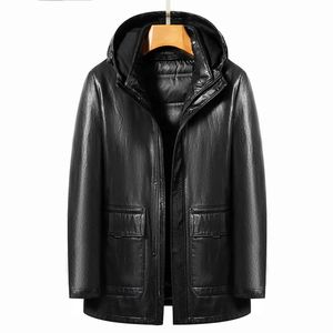 Men s Jackets YN 2268 Winter Middle Aged High Grade Hooded Natural Leather Down Jacket Medium Long Detachable White Duck Liner 231206