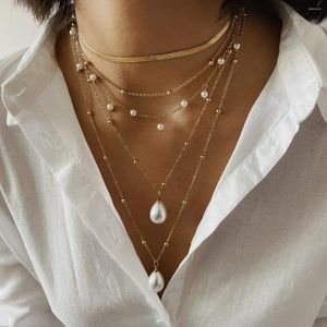 Zincirler Vintage çok katmanlı kolye inci kolye cazibesi zarif klavikula moda metal mücevher hediyeleri kadın uzun katmanlı kolyeler