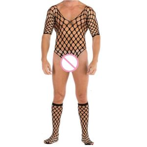 Homem pamas com meia trajes lingerie sexy conjunto erótico bodystocking catsuit plus size terno do corpo masculino oco sleepwear