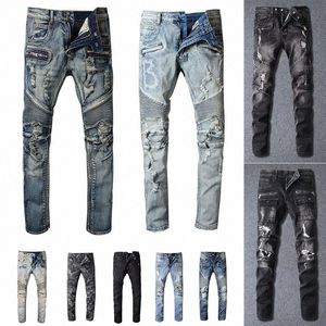 Designer Balman Mens Jeans Distressed Ripped Biker Slim Fit Motorcycle Bikers Denim For Men s Fashion Mans Black Pants pour hommes O0OO#