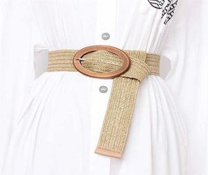 New designer good wooden buckle elastic grass woven belt for ladies holiday wind seaside bohemian ethnic elastic woven belt G102623019017