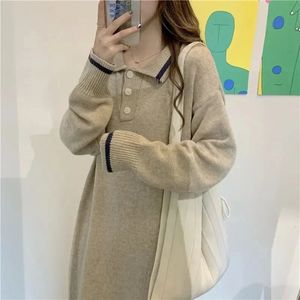 Urban Sexy Dresses Deeptown Korean Style Beige Knited Dress Women Vintage Elegant Long Sleeve Midi Dresses Preppy Casual Vestidos Winter 231206