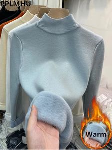 Women's Sweaters Half Turtleneck Sweater Winter Slim Thicken Knitwear Jumper Woman Soft Knit Pullovers Casual Plush Fleece Lined Warm Malhas Tops 231206