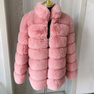 Damen-Fell-Kunstjacke, warmer Wintermantel mit Stehkragen, rosa Damen, 70 cm, lange Ärmel, flauschig, 231205