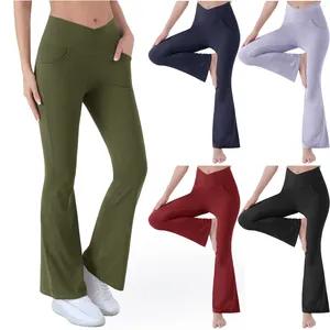 Active Pants Flare Leg Women's Yoga Pant Elastic High midje Sport Leggings Solid Color Workout Trousers Breattable Sportwear Legging
