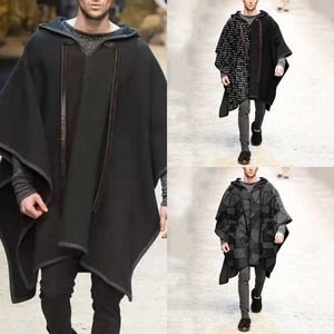 outdoor warm windproof jacket hooded cape Men's cape fashion trend personality shawl solid color loose pullover cape tweed