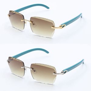 Designer Rimless Diamond Cut Lens Solglasögon Lentes de Sol Mujer Original Blue Wood Glasses Male and Female Metal Frame Square Lens Blue Wood Eyewear New