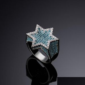 With Side Stones Hexagon Star Sier Color Blue Iced Out Cubic Zircon Rings Micro Paved Diamond Hip Hop Jewelry For Gifts208B Drop Del Dho6J