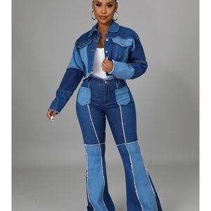 Kvinnors jumpsuits romper mode denim två bitar byxa skarv vintage streetwear y2k kort jacka och jeans avslappnad smal outfit 2 231205