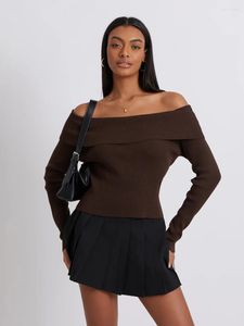 Женские свитера Nvzhuang, женский свитер с длинными рукавами и открытыми плечами, повседневный вязаный джемпер в рубчик, топы, асимметричные приталенные футболки