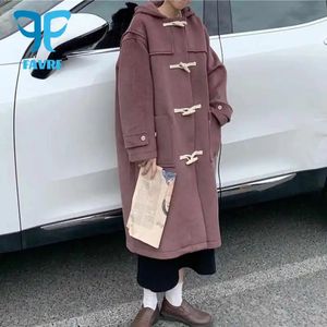 Jaquetas femininas FAVRE Mid-Length Wool Coat Jacket Mulheres Inverno Chifre Abotoado Casaco De Lã Mulheres Com Capuz Duffle Casacos Elegantes Outwear 231205