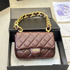 Vintage Chunky Chain Women Mini Crossbody Bag Gold Hardware Leather Quilted Luxury Handbag Diamond Lattice Coin Purse Classic Underarm Fanny Pack Suitcase 21cm