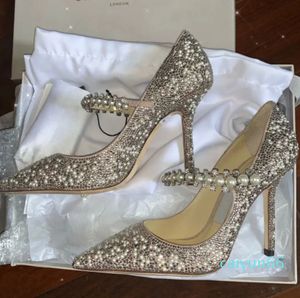 Perfekt bröllop Brudskor Baily Mary Jane Pumpar med Crystal Pearl Strap Lady High Heels Sexig Point Toe Famous Women's Pumps Fashion